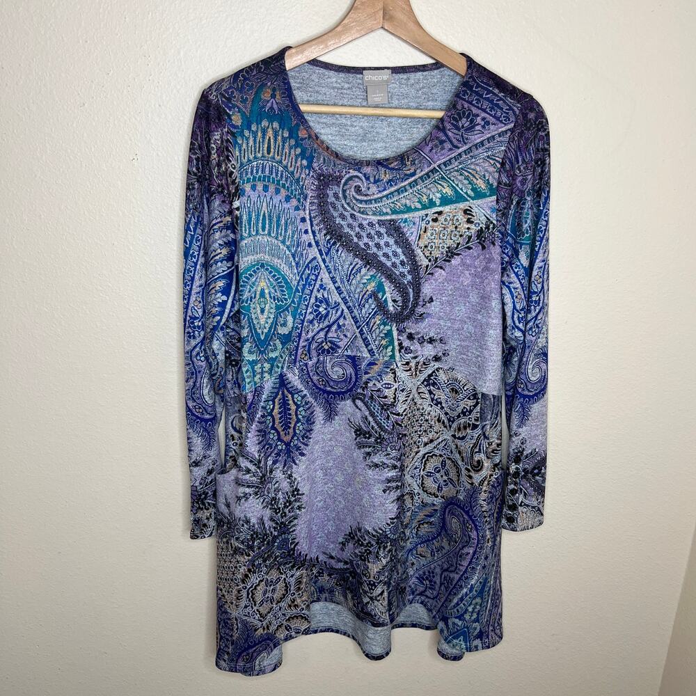 Chico's Long Sleeve Purple Blue Pattern Tunic 1